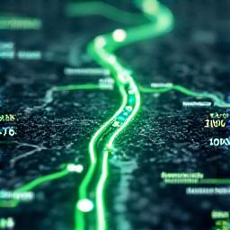 物流ルート最適化の概念図、地理データと最適な経路を示す地図。